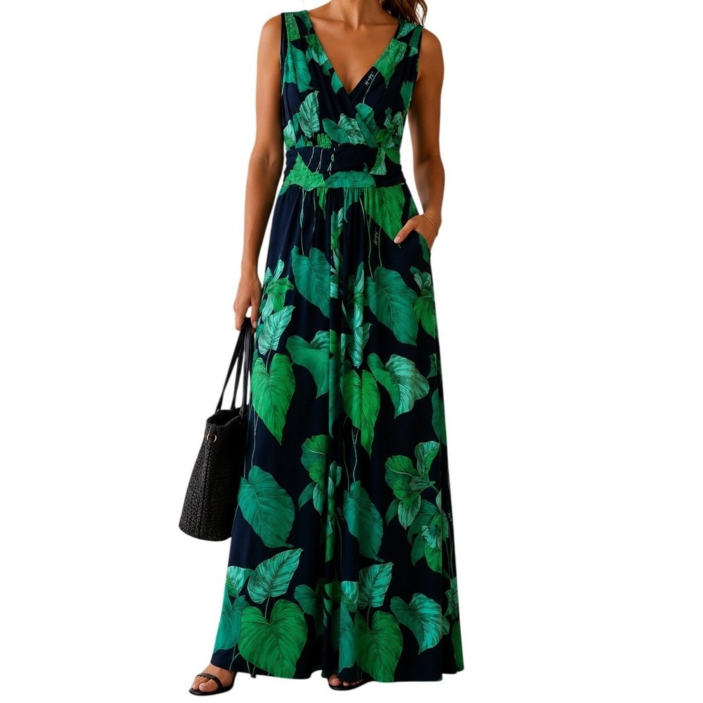 Tommy Hilfiger Maxi Dress Womens 4 Navy Blue Green Tropical‎ Leaf Sleeveless